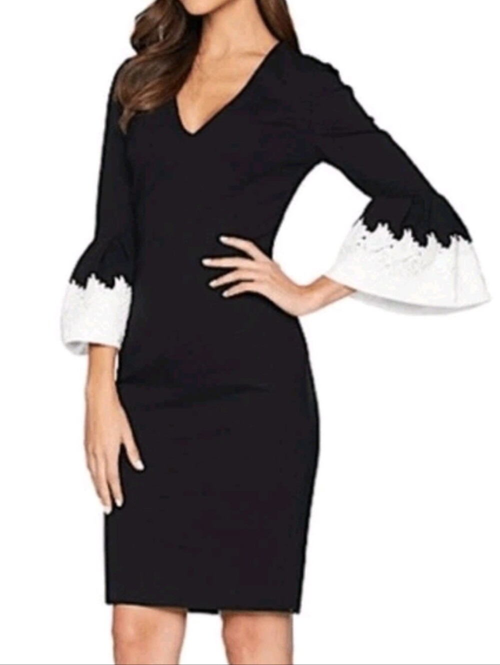 Ted Baker London Black Midi Dress with White Lace Bell Sleeves Sz 4